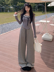 Loose Casual Sweatpants Air Touch Stripe Scythe Pants Drawstring Sports Pants Low Waist Wide Leg Pants Polyester Spandex
