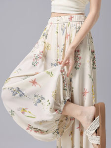 WANGGONGZHU | กางเกงขายาวผ้าไหมน้ำแข็งเอวสูงสำหรับผู้หญิงในช่วงฤดูร้อน กางเกงขายาวพิมพ์ลายบางๆ ทรงหลวมๆ สไตล์เกาหลี ความยาวปกติ