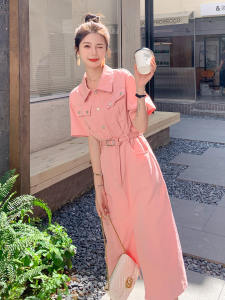 ชุดเดรสสีชมพูเอวสูงสไตล์เกาหลีสำหรับผู้หญิง กระโปรงยีนส์ทรงเอเข้ารูป แขนสั้น ฤดูร้อน 2025 ชุดเดรสแฟชั่นสุดเก๋