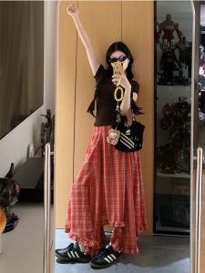 Váy Chữ a Cạp Cao Kẻ Caro Đỏ Cổ Điển Dài Vừa Phải Cho Nữ Mùa Hè Váy Mùa Hè Không Đều Cho Nữ Cao Gót