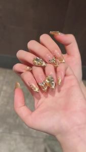 10pcs Light Luxury Handmade Press On Nails Clitter Gold Cats Eye French Tips False Nails Glossy Almond Rhinestone Fake Nail