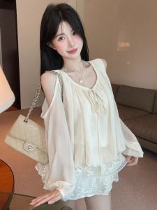 GUZILIAN | French Style Loose V-Neck Sleeveless Shirt Women Autumn Chiffon Gentle Versatile Top Shoulder Bared Long Sleeve Buttoned Shirt