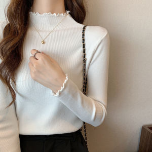 Core Korean Half Turtleneck Ruffle Edge Bottoming Shirt Womens Autumn Knitted Sweater Top