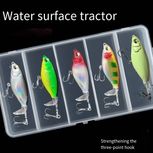 Water surface tractor fishing lures with three-point hooks in various colors for freshwater and saltwater fishing.