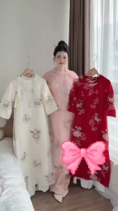 QC_ Áo dài in cá chép hóa rồng áo dài đi chùa thanh lịch set áo dài du xuân cổ tròn Tơ in phủ nền họa tiết cá chép hoa sen tua rua phối quần dài Kate