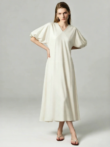 AMII | Vacation Style V-Neck Bubble Sleeves Loose Long Dress