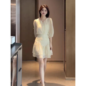 Elegant French Style White Fairy Tale Dress Summer High Waist A-Line Skirt Korean Version Commute Pure Color Invisible Zipper