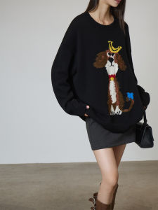 Black Puppy Jacquard Tassels Sweater Knitwear Women Loose Fit Autumn Winter
