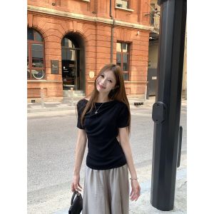 Áo Len Dệt Kim Tay Ngắn Màu Đen Thanh Lịch Nhẹ Thoải Mái Thiết Kế Mới Thời Trang Mùa Hè Áo Chui Đầu Áo Lót Áo Chui Đầu