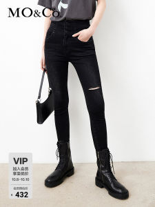 High Waist Three Button Black Denim Skinny Jeans Retro Style Womens Premium Cotton Stretchy Long Trousers by MO＆Co.