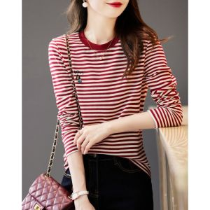 เสื้อยืดแขนยาวลายกันยายน Early ฤดูใบไม้ร่วง 2024 ใหม่ หลวม พรางหุ่น ผู้หญิง เสื้อชั้นในสวมใส่ เสื้อท่อนบน ผู้หญิง ชุดทํางาน