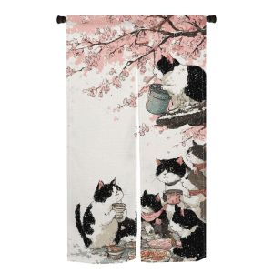 VIKAMA Nhật Bản Sakura Đen Trắng Họa Tiết Mèo Vải Lanh Noren Màn Hồng Hoa Anh Đào Mèo Con Chủ Đề Trang Trí Cửa Nhà Bếp Phong Cách Ukiyo-E
