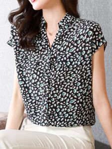 NVSHENJI | Silk Print Shantung Shirt Women Short Sleeve Floral Pattern Straight Cut Button Up Top For Business Casual Midlife Mothers