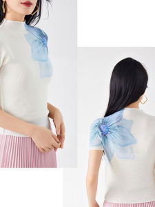 Slim Fit High Collar Printed Short Sleeve T-Shirt Womens Summer New Style Casual Polyester Fiber Breathable Comfortable Top