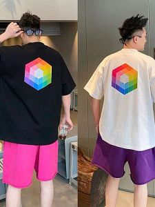 เสื้อยืดแขนสั้นผู้ชายคอตตอนฤดูร้อน 2023 ทรงหลวม สไตล์ลำลอง สวมใส่สบาย ผ้าฝ้ายแท้ ลายสี่เหลี่ยมตัดกัน สีสันสดใส