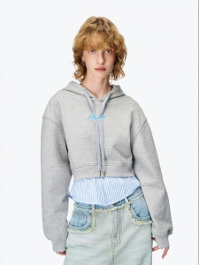 ANN ANDELMAN | Hooded Grey Casual Fake Two-piece Short Hoodie