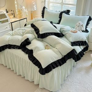 2025 New Korean Style Princess Cotton Bed Skirt Quilt Cover Sheet Set Romantic French Black Lace Pure Cotton Duvet Cover