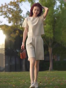 Cotton Sports Suit for Women Loose Korean Style Fashionable Anti-Aging Short Sleeve Shorts Two-Piece Casual Set Trendy