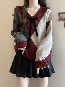 Red Diamond Patterned Lace V-Neck Knitwear Womens Winter Fashion Retro Top Christmas Outfit Long Sleeve Thickened Autumn Winter