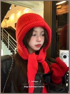 Red Knitted Woolen Scarf Hat for Women Winter Warm Face Slimming Style Cap Sweet Cute Style No Brim round Top for Shopping