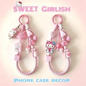 Sanrio | INS Sanrio Hello Kitty Sweet Pink Hand Woven Phone Case Wrist Strap Bead Keychain Bag Decor Pendant for Girl Woman Phone Lanyard