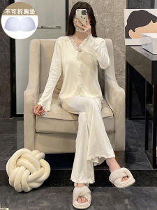Winter Sleepwear Set for Women Island Velvet Long Sleeve Sweet Apricot Butterfly Knot with Chest Pad Warm Home Clothes Two-Piece Set