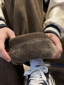 Quần Nhung Kẻ Lót Lông Cừu Dày Phong Cách Mỹ Thường Ngày Mùa Thu Đông Rộng Rãi Quần Dài Ống Rộng Quần Dài Thẳng