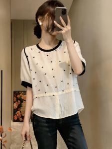 Design Heart Print Large Size Slimming Short Sleeve Blouse