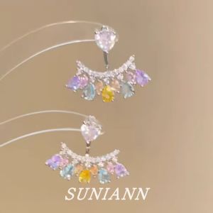 Flashy Colorful Zircon Fan Shaped Earrings Double Wear Spring Summer New Style Sweet Style Alloy Embedded Artificial Gemstone