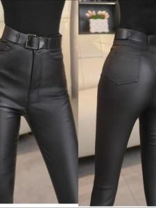 Fleece Lined Thickened PU Leather High Waist Elastic Slimming Leggings Womens Casual High Waist Pants Tight Fit Pants