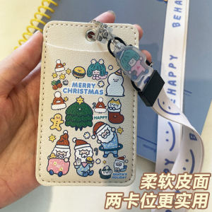 Christmas Ins Soft Leather Two Card Positions Meal Card Set Campus Card Holder Bus Card Cover Access Control Card Protective Cover Good-looking