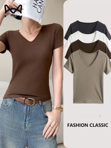 miiow | Slim Fit V-Neck Short Sleeve T-Shirt Womens Spring Summer Outerwear New 2025 Cat Person Fashion Top Base Shirt Large Size