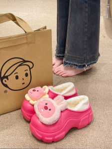 New 2025 Womens Cotton Slippers Fleece Lined Thick Heel Rabbit Ear Design Warm Indoor Outdoor Slippers Comfortable Home Shoes