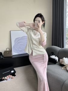 New Chinese Style Spring National Trend Small Dress Elegant Reformed Button Tang Suit Fish Tail Skirt Large Size Womens Fashion Set