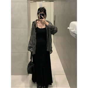 175 Tall Long Black Camisole Dress Womens Summer Silm Sleeveless French Style 180 Slim Looking Black Dress