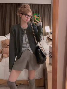 Preppy Style Sweet Fake Two-Piece Knitting Cardigan Sweater Female Autumn and Winter round Neck Silm Easiest for Match Miu Series Color Matching Top