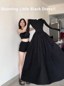 SUHUIQIAN | Black Knit Dress Fitted Waist Long Sleeves