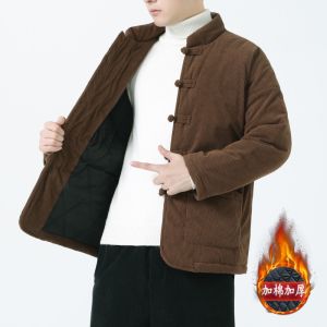 Thickened Corduroy Cotton Jacket for Men with Button Decorations Loose Fit Warm Outerwear Chinese Style Hanfu Winter Coat