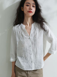 Miccbeirn | เสื้อเชิ้ตคอวีผ้าลินินแท้ปักลายประดับเลื่อมสุดหรู สไตล์วินเทจ ลำลอง เสื้อคาร์ดิแกนเปิด สวมใส่สบาย สำหรับผู้หญิง
