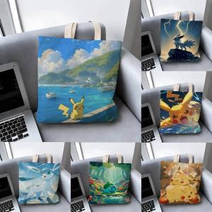 Bandai | Pokemon Premium Artwork Storage Bags Tote Bag Travel Summer Beach Shoulder Bag Reusable Grocery Shopping Bag Anime Artwork