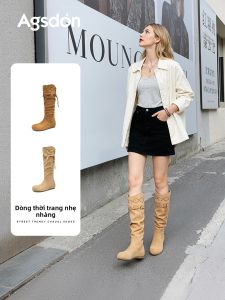 Agsdon | Giày Bốt Dài Phong Cách Tây Phương Có Nếp Gợn