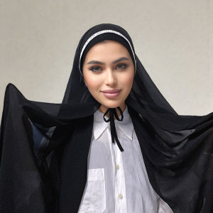 Jifang Women White Floral Lace Brim Plain Bubble Chiffon Hijab Instant Convenient Straps Bandage Raya Eid Muslim Instant Hijabs PW75