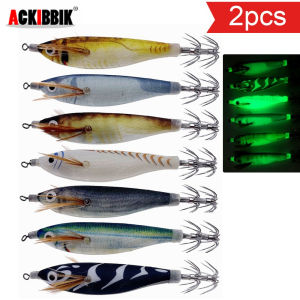 Ackibbik 2pcs Glow Squid Jig Lures Saltwater Sea Fishing Shrimp Lure Octopus Fishing Accessories Wood Shrimp Lures