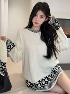 GUZILIAN | Unique French Vintage Lazy Diamond Knitted Loose Sweater Long Sleeve Womens Design Winter Comfortable Breathable Fashion Top