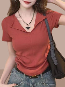 Shalldoer | Korean Style Pure Color V-Neck Splice Short Sleeve T-Shirt Womens Summer Design Slimming Top Fashionable Versatile Workwear