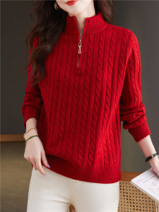 Red Zodiac Year High Collar Zipper Knitted Long Sleeve Sweater Womens Autumn Winter Loose Inner Wear Top Warm Thermal Base Shirt