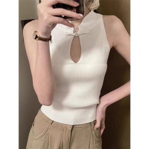 chaqi | New Chinese Style Shoulder Bared Hollow Out Stand Collar Sleeveless Knitted Top Pure Color Button Up Summer 2025 Womens Fashion