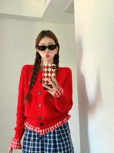 Korean Style Fake Two-Piece Red Gingham Knitted Cardigan Female Fall and Winter Stylish Patchwork Sweater Coat Short Tops