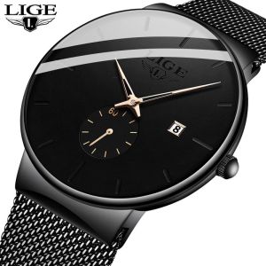 LIGE Đồng Hồ Nam mỏng thể thao thời trang Đồng Hồ Nam chống nước Với lịch lưới thép Đồng hồ nữ đồng hồ thạch anh + Hộp miễn phí