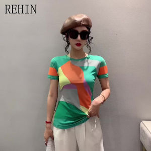 REHIN Womens top Summer New fashion mesh haloing color clash printing short-sleeved T-shirt round-neck slim fit S-3XL elegant trendy Korean version blouse